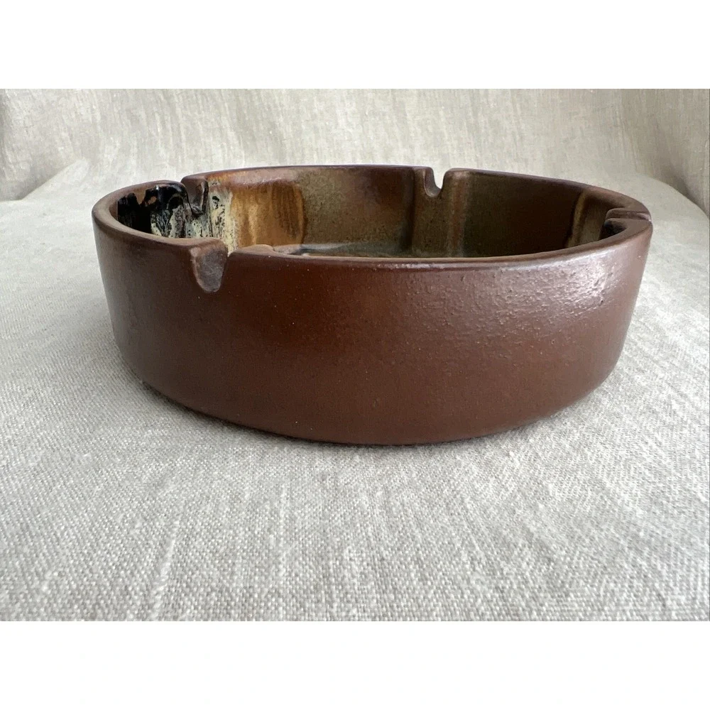 Pottery Craft Ashtray 7.5in Unisex MCM Stoneware #400 Brown USA Vintage Catchall